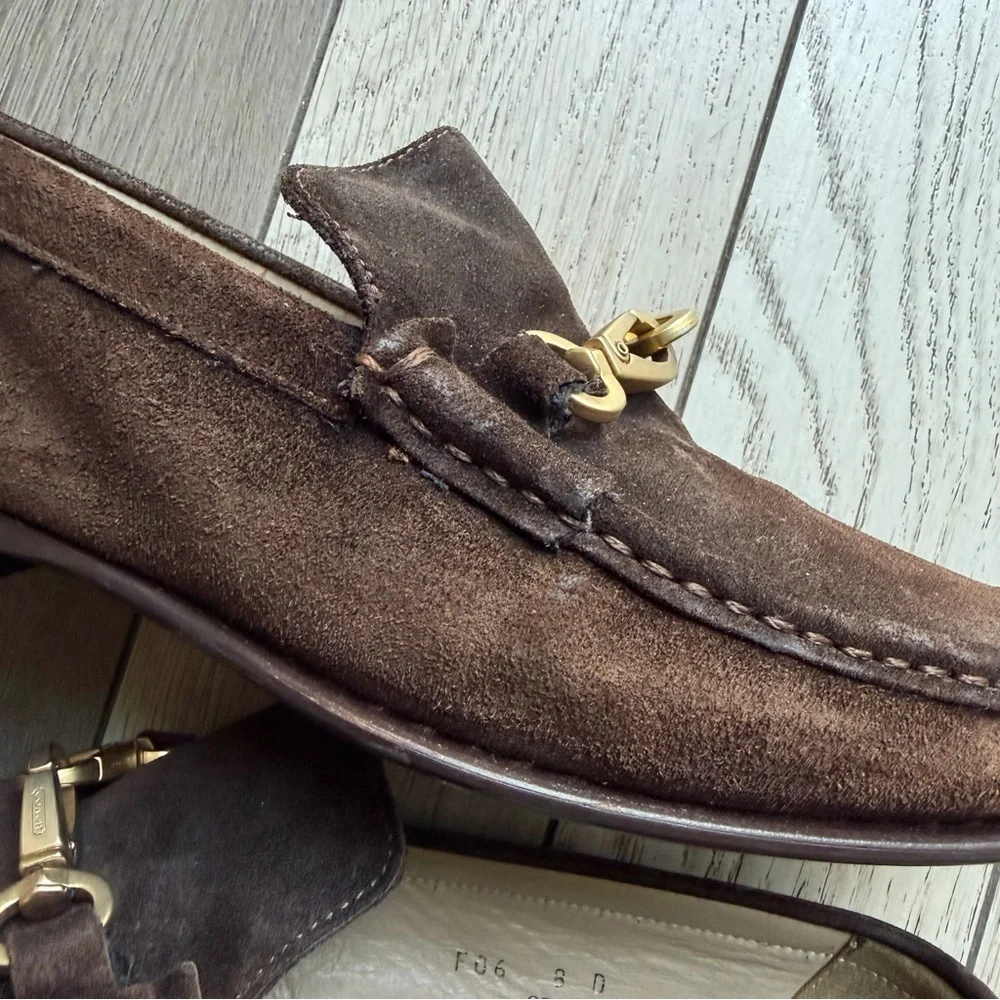 Coach Dark Brown Suede Loafers with Gold Accent - Picture 11 of 12
